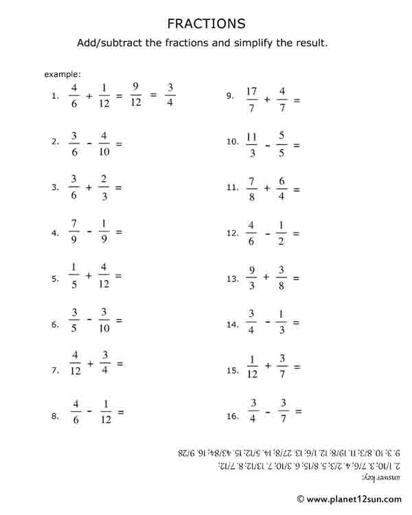 add/subtract fractions free printable worksheet pdf 5th grade
